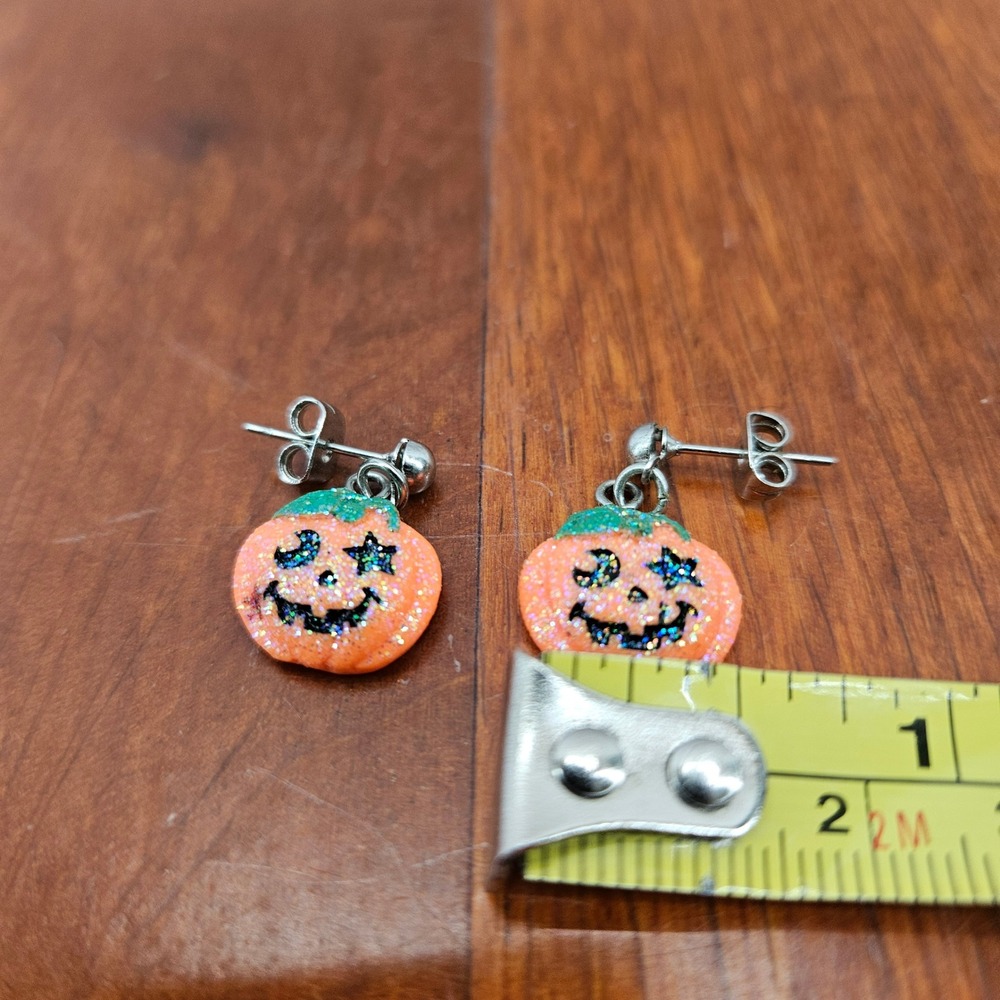 Halloween Pumpkin Earrings‎ Jack O Lantern Stud Drop Earrings Glitter Jewelry - Picture 2 of 3
